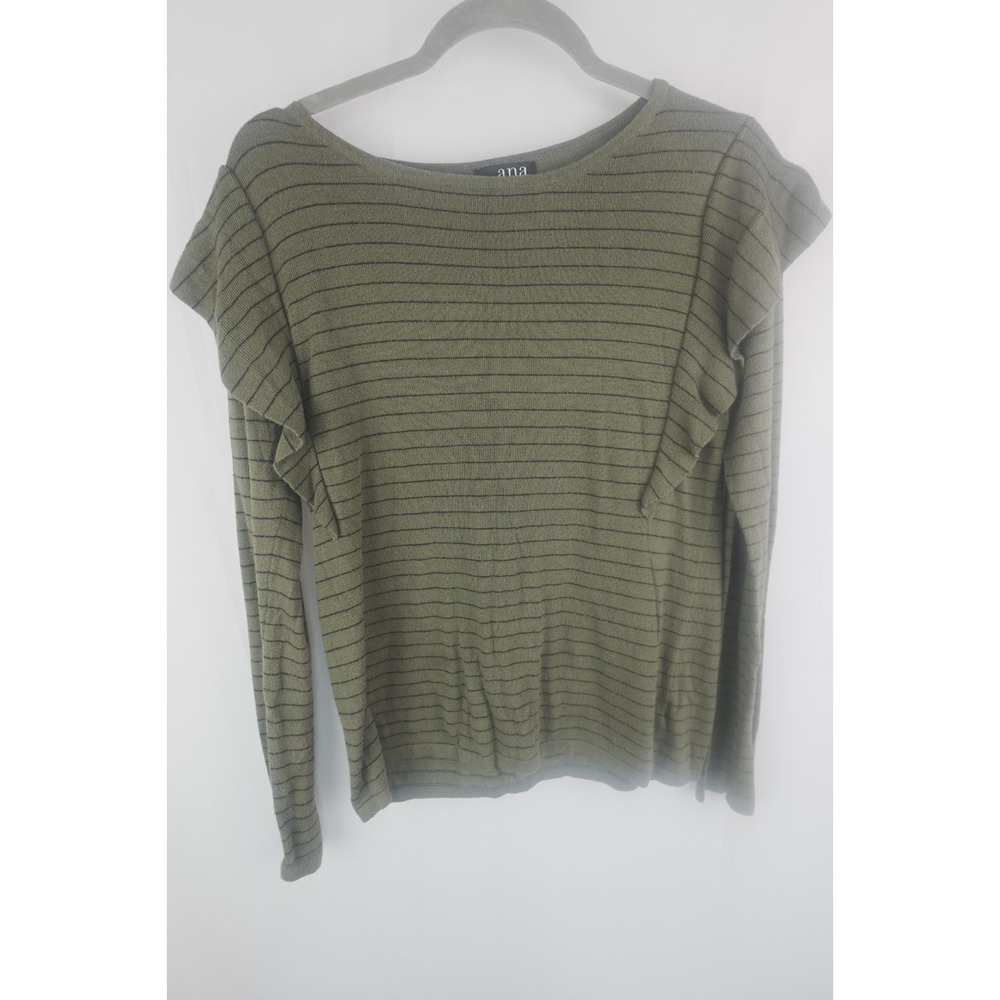a.n.a Olive Green Striped Ruffle Sleeve Sweater
